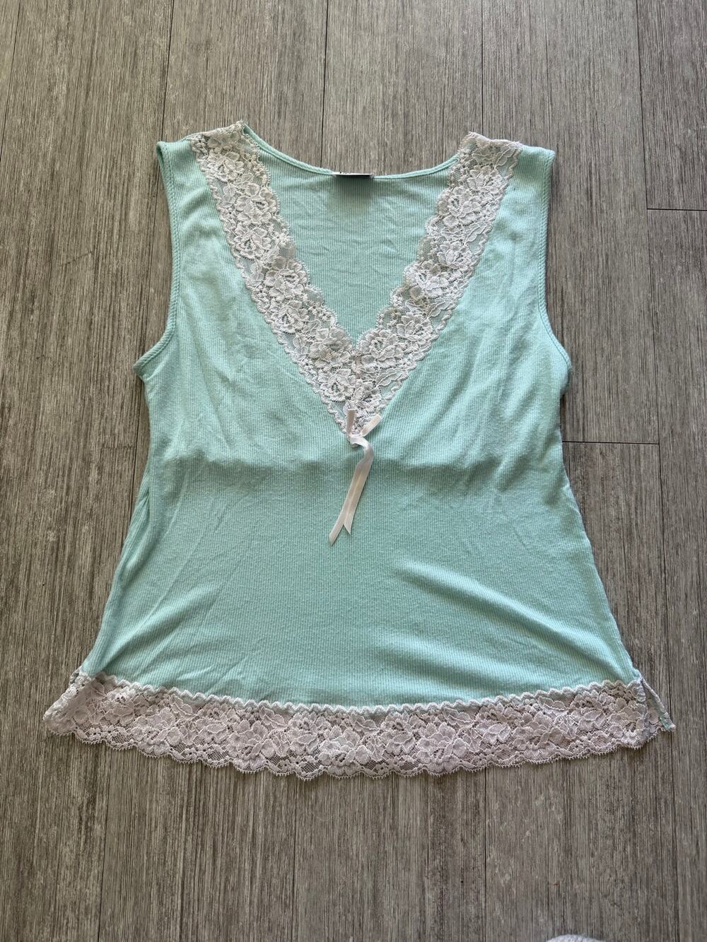Y2k Lace Ribbed Teal Tank
